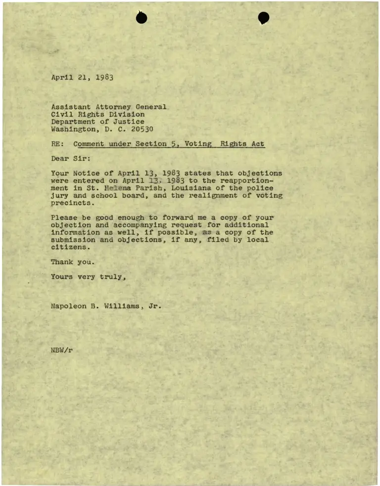 Correspondence from Napoleon Williams to Assistant Attorney General Re: Comment Under Section 5, Voting Rights Act preview