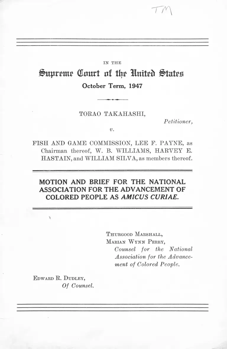 Takahashi v. Fish and Game Commission Motion and Brief Amicus Curiae preview