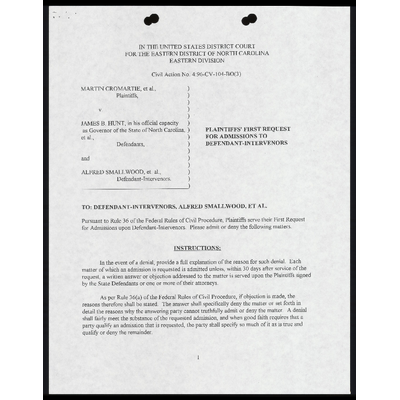 Plaintiffs' First Request for Admissions to Defendant-Intervenors with Certificate of Service preview