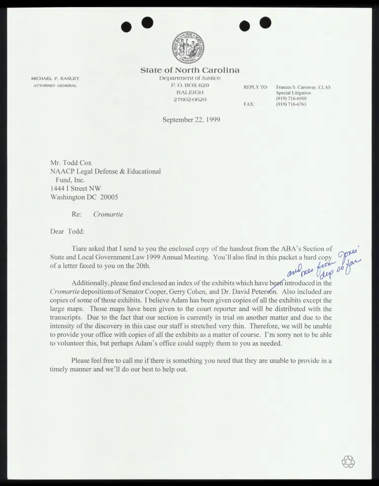 Letter from Carraway RE: ABA handout and index of exhibits from depositions of Cooper, Cohen, and Peterson preview