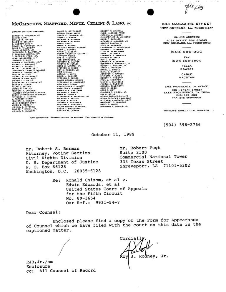 Correspondence from Rodney to Berman and Pugh; Form of Appearance of Counsel for Roy Rodney, Jr. (Redacted) preview