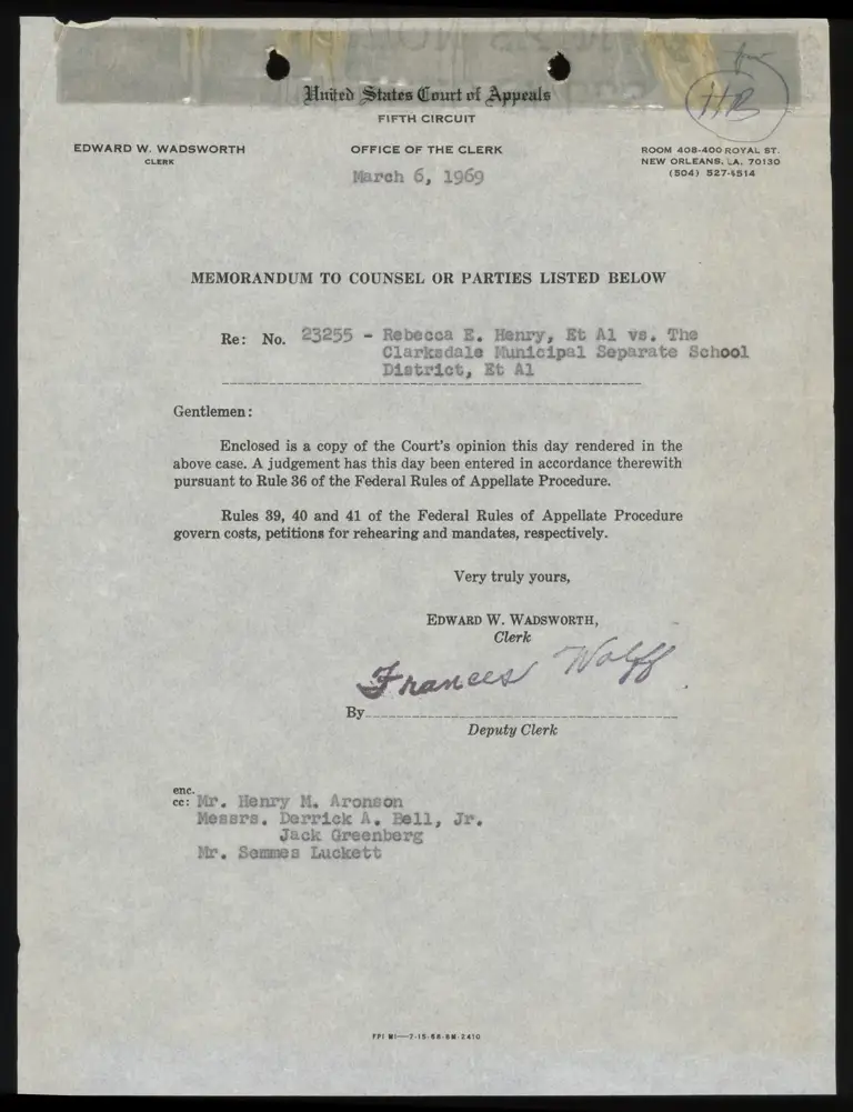 Correspondence from Clerk to Counsel Re: Court's Opinion preview