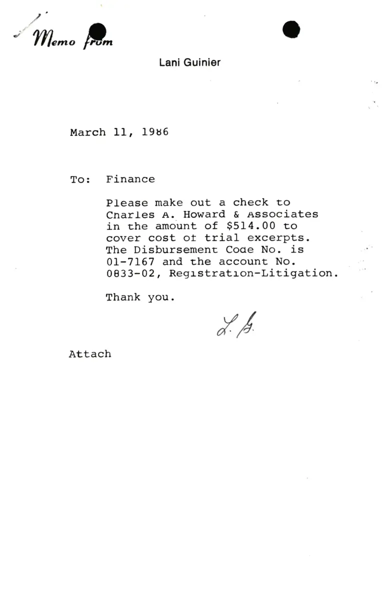 Correspondence from Lani Guinier to Finance preview