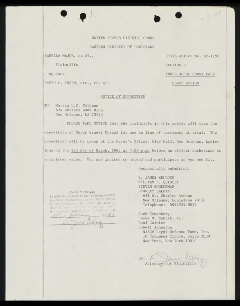 Notice of Deposition of Ernest Morial preview