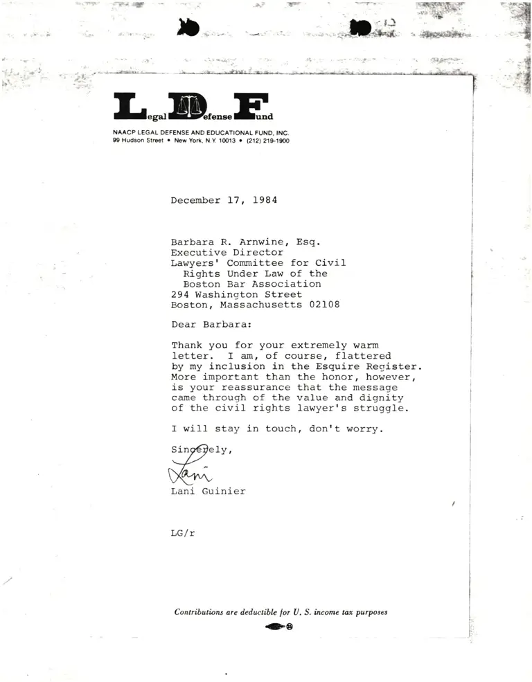Letter from Lani Guinier to Barbara Arnwine preview