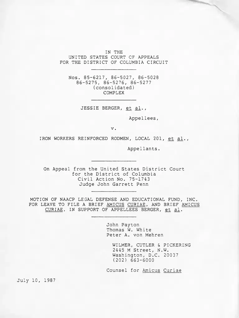 Berger v. Iron Workers Reinforced Rodmen, Local 201 Motion of NAACP Legal Defense and Educational Fund for Leave to File a Brief Amicus Curiae, and Brief Amicus Curiae, in Support of Appellees Berger, et al. preview