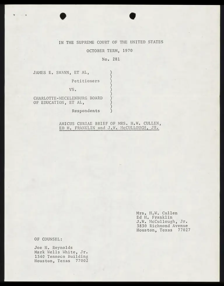 Amicus Curiae Brief of Mrs. H.W. Cullen, Ed H. Franklin and J.W. McCullough, Jr. preview