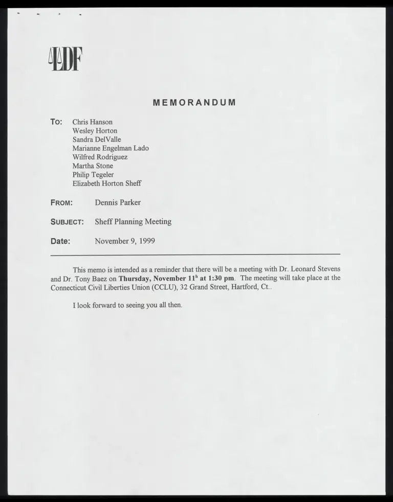 Memo RE: Sheff Planning Meeting preview