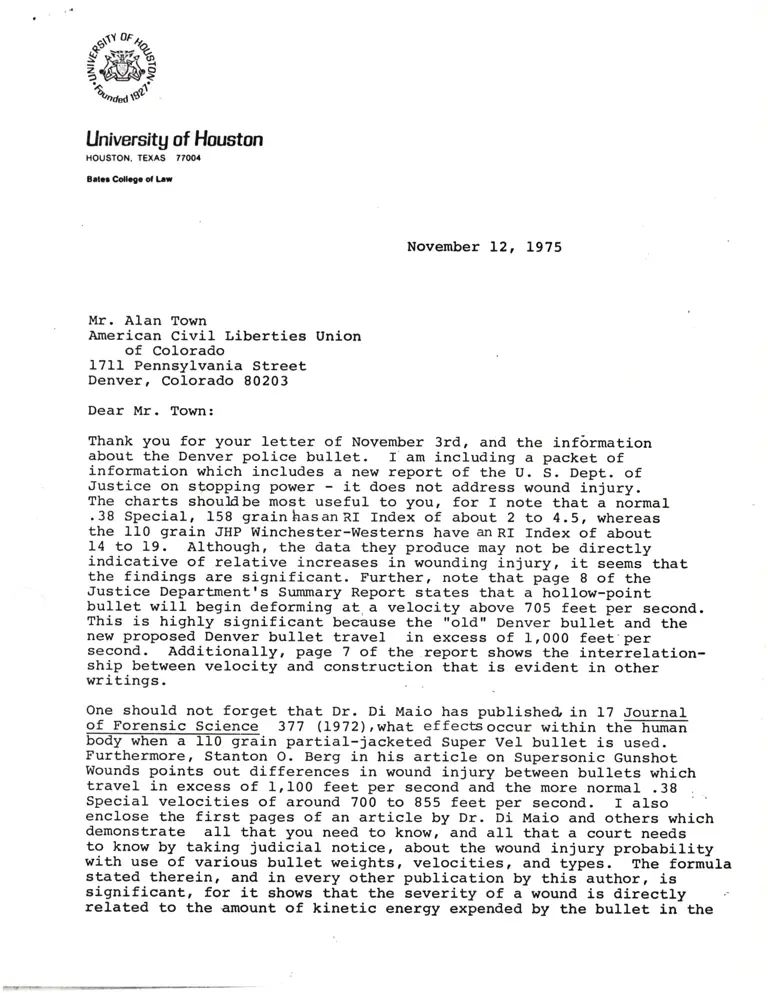 Letter from Paust to Town RE: Denver Police Bullet and DOJ Report preview