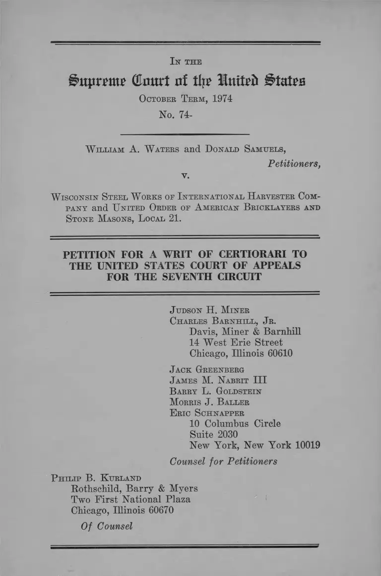Waters v. Wisconsin Steel Works of International Harvester Company Petition for a Writ of Certiorari with Appendix preview
