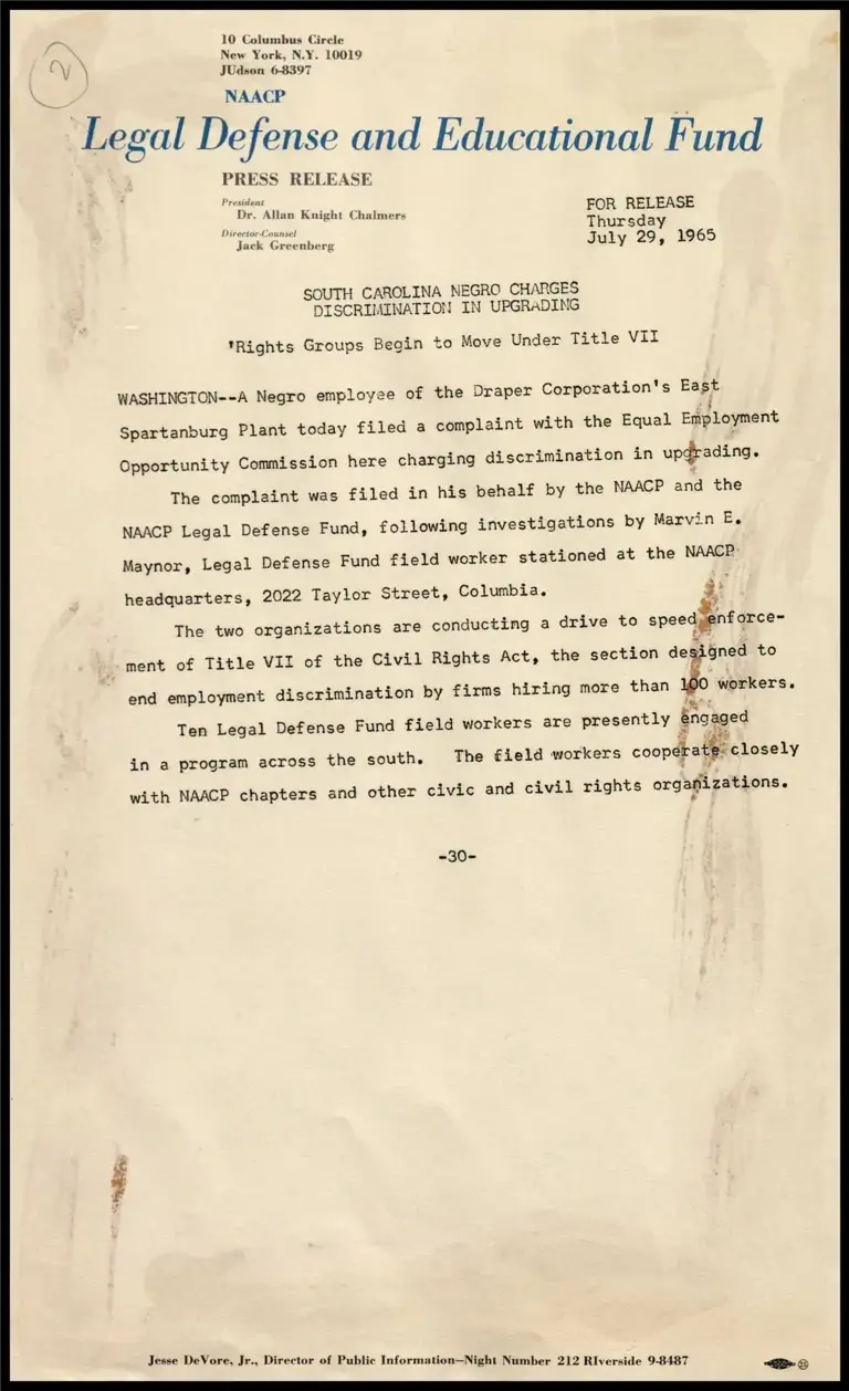 South Carolina Negro Charges Discrimination in Upgrading preview
