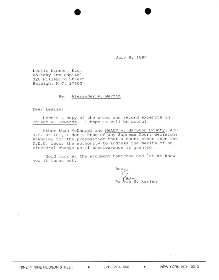Correspondence from Pamela Karlan to Leslie Winner, Esq. Re Alexander v. Martin preview