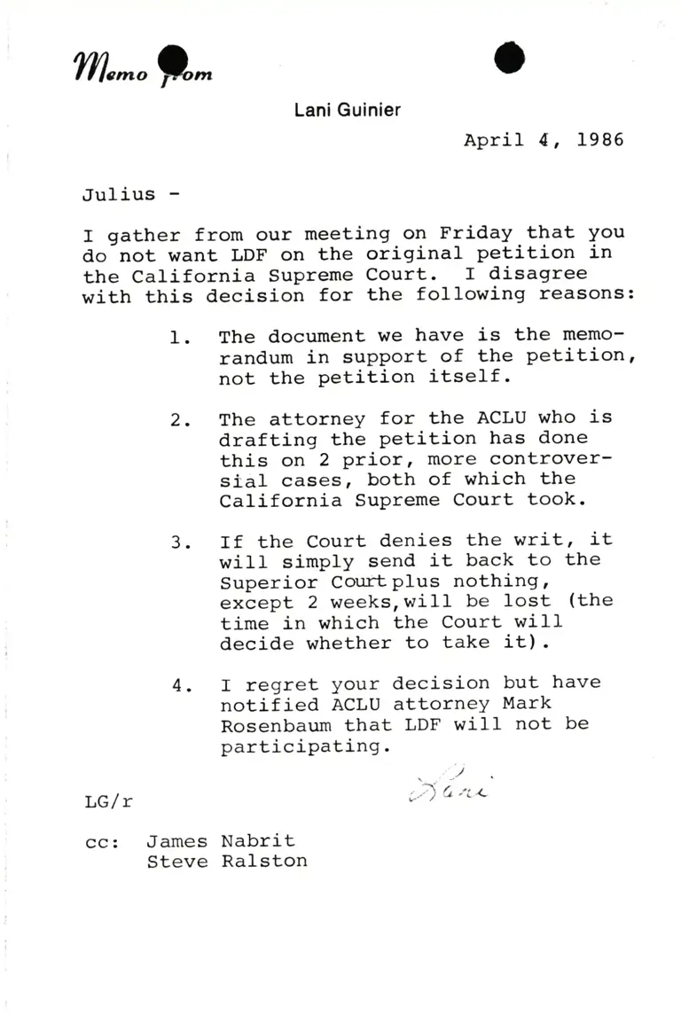 Memorandum from Lani Guinier to Julius Chambers preview