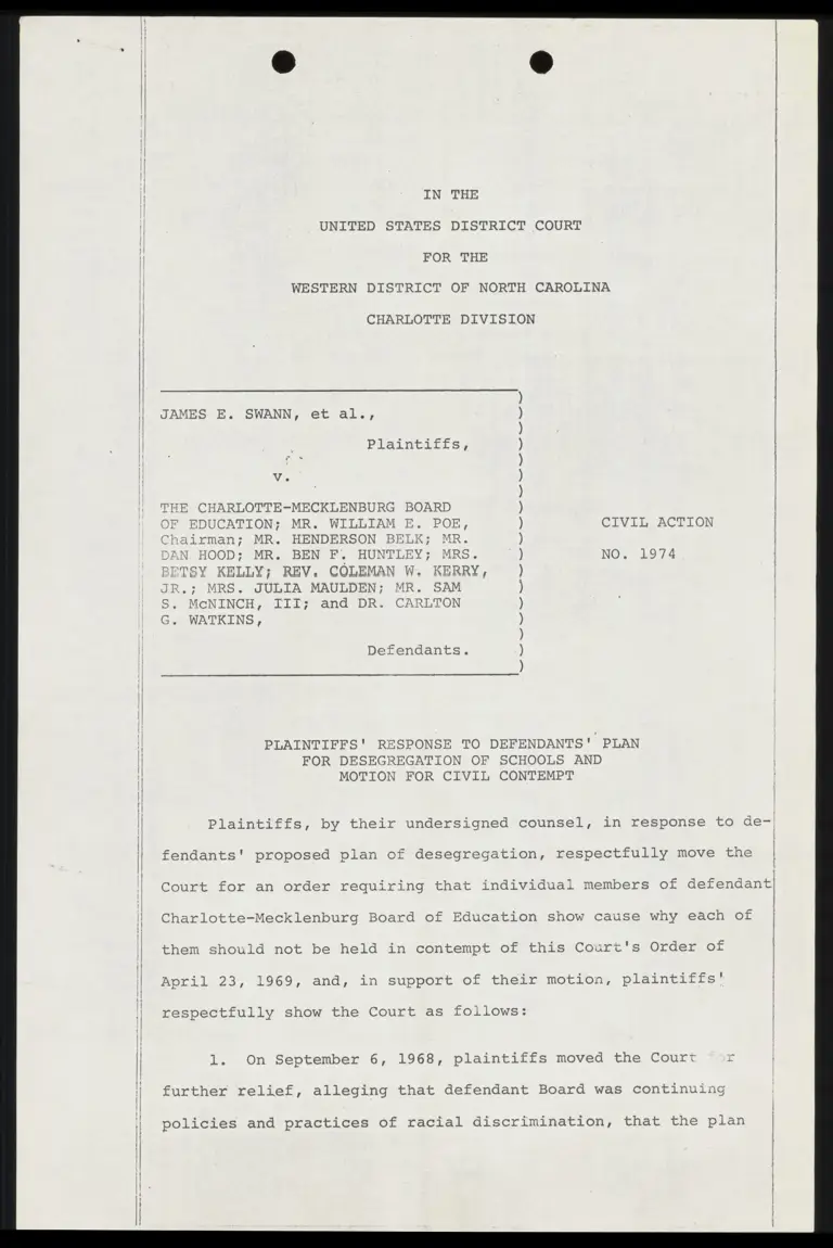 Plaintiffs' Response to Defendants' Plan for Desegregation of Schools and Motion for Civil Contempt preview