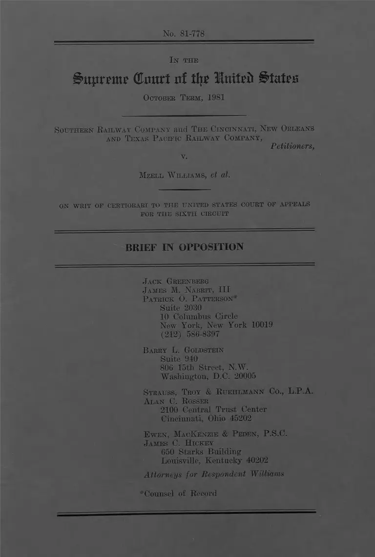 Southern Railway Company v Williams Brief in Opposition preview