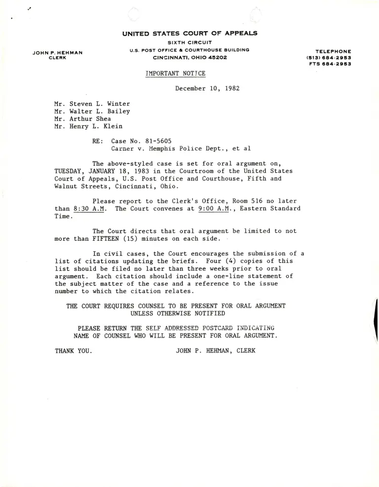 Correspondence from Clerk to Counsel Re: Oral Argument Date preview