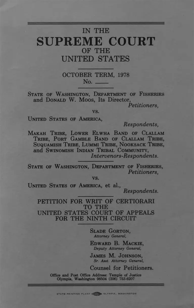 Washington State Dept of Fisheries v. United States of America Petition for Writ of Certiorari preview