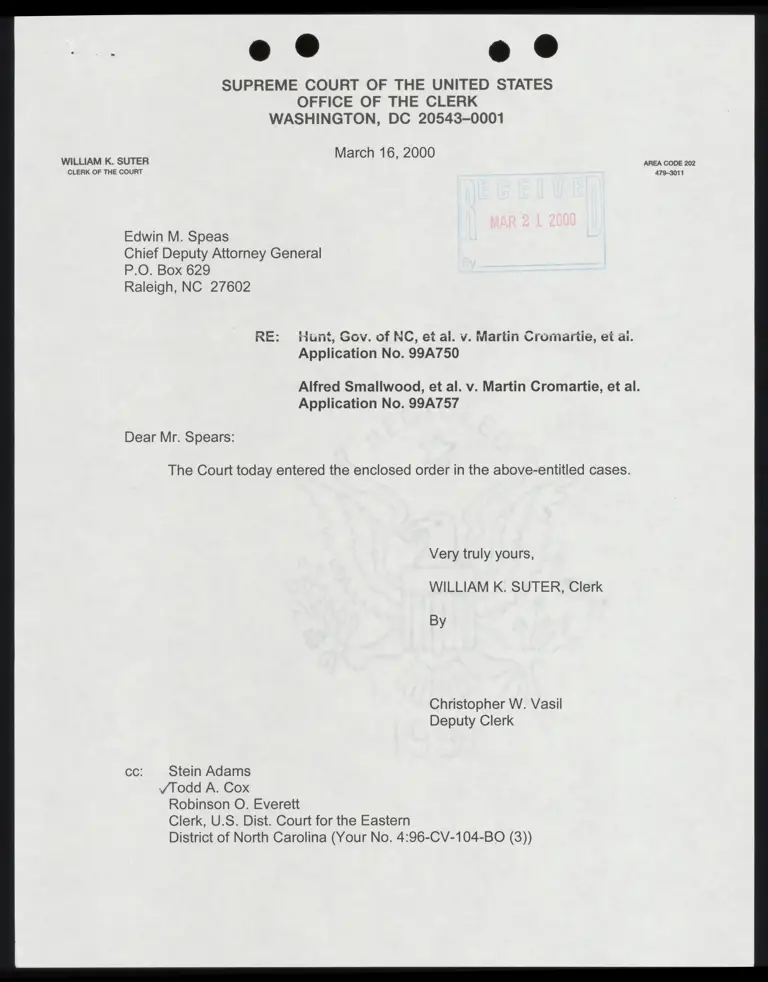 Letter to Speas from Suter RE: Court Order Entered preview