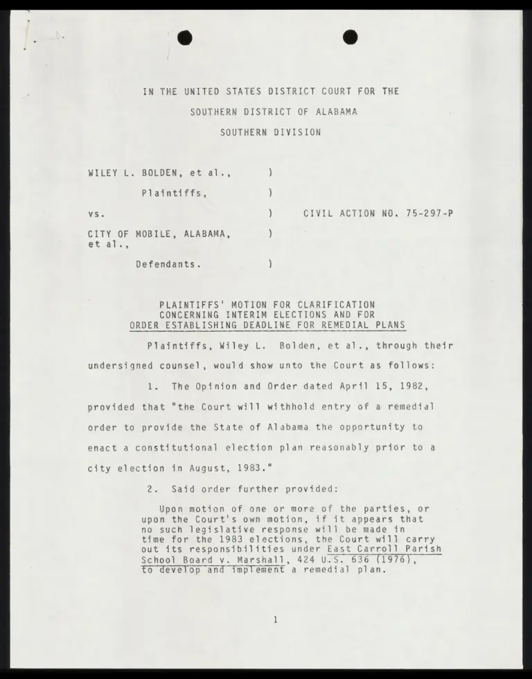 Plaintiffs' Motion for Clarification Concerning Interim Elections and For Order Establishing Deadline for Remedial Plans preview