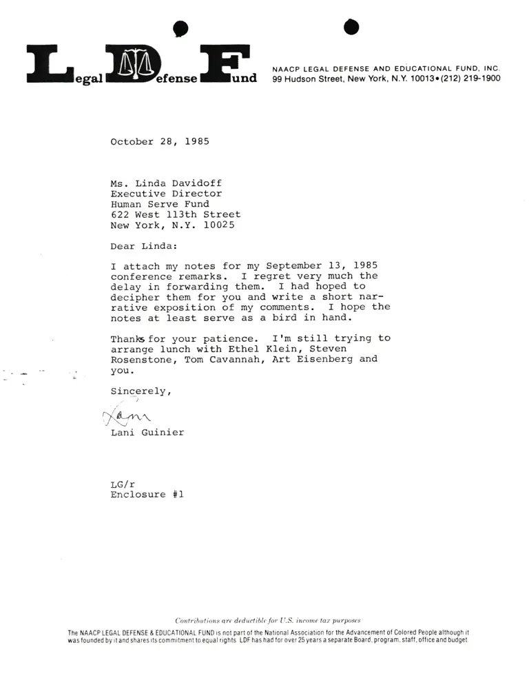 Correspondence from Lani Guinier to Linda Davidoff (Human Serve Fund) preview