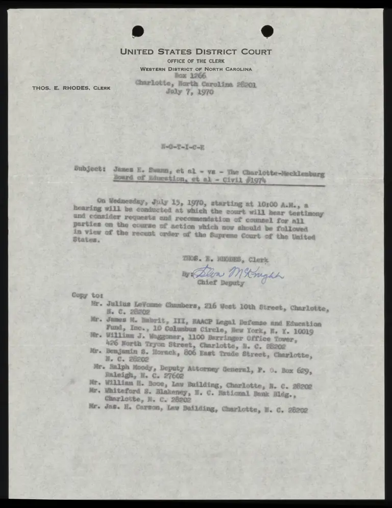 Correspondence from Clerk to Counsel Re: Notice of Hearing preview