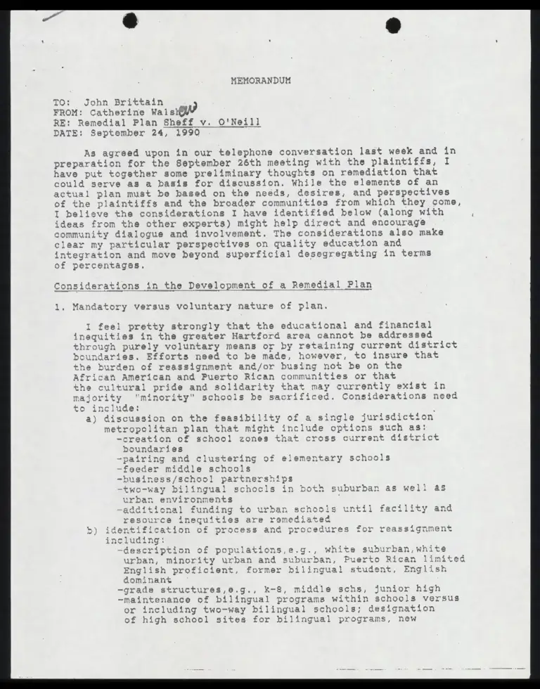 Memo from Walsh to Brittain Re: Remedial Plan preview