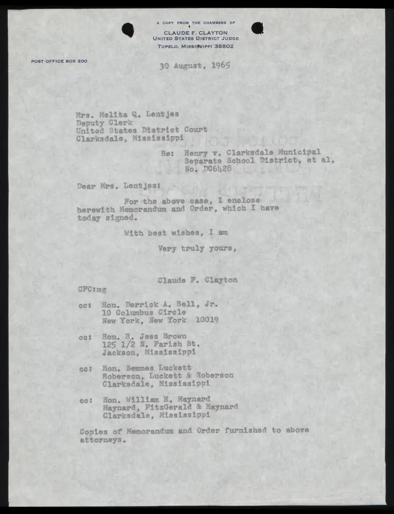 Correspondence from Judge Clayton to Clerk Re: Enclosed Memorandum and Order preview