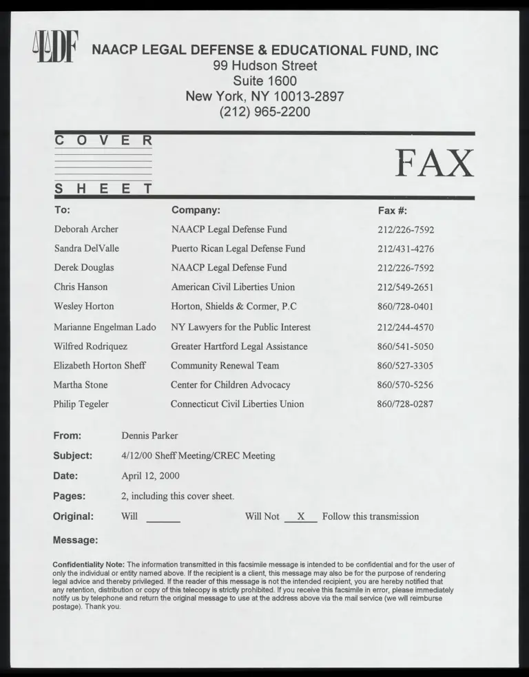 Fax Cover Sheet RE: Sheff and CREC Meeting preview