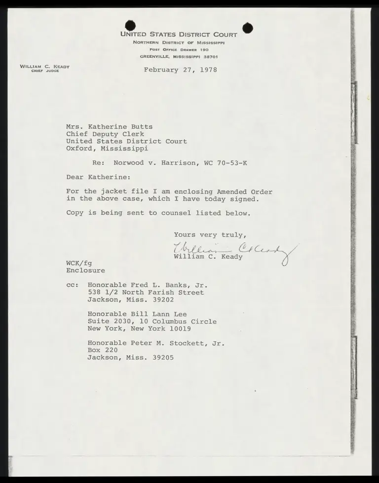 Correspondence from Judge Keady to Clerk Re: Amended Order preview