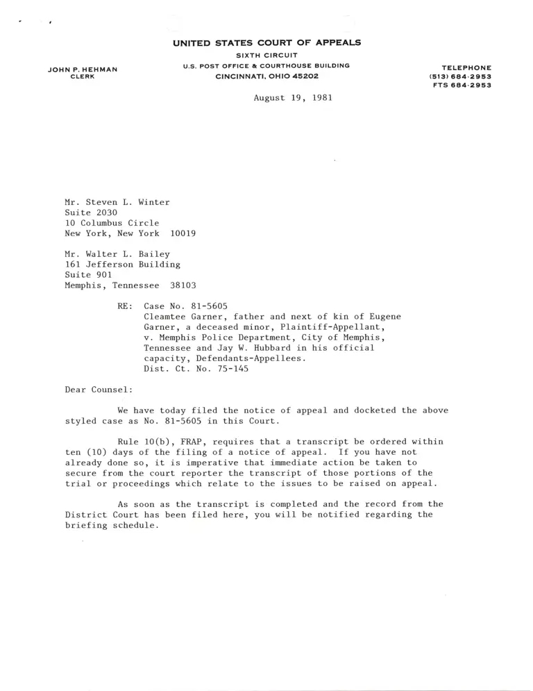 Correspondence from Hehman to Winter and Bailey Re: Filing Notice of Appeal preview