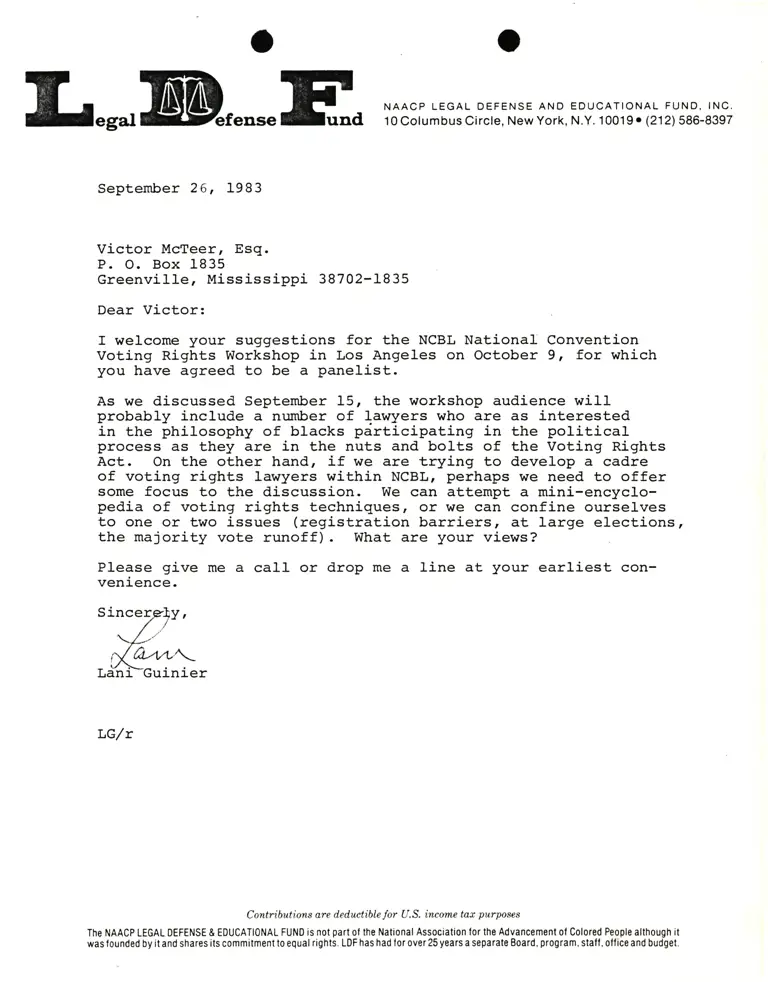 Correspondence from Lani Guinier to Victor McTeer, Esq. RE: NCBL National Convention Voting Rights Workshop preview