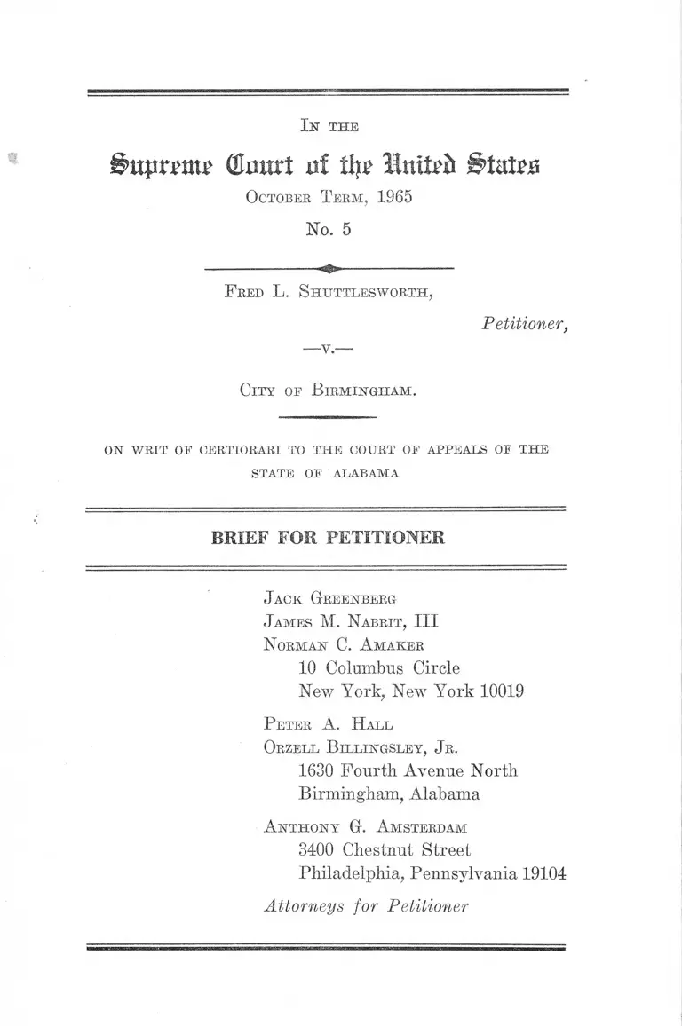 Shuttlesworth v Birmingham AL Brief for Petitioner preview