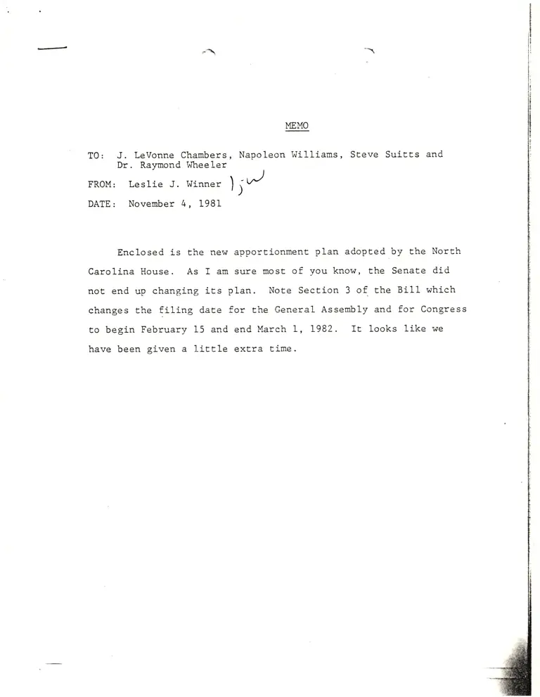 Memo from Winner to Chambers; General Assembly of North Carolina Bill 1428 preview