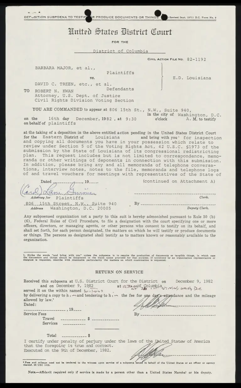 Deposition Subpoena to Robert N. Kwan preview