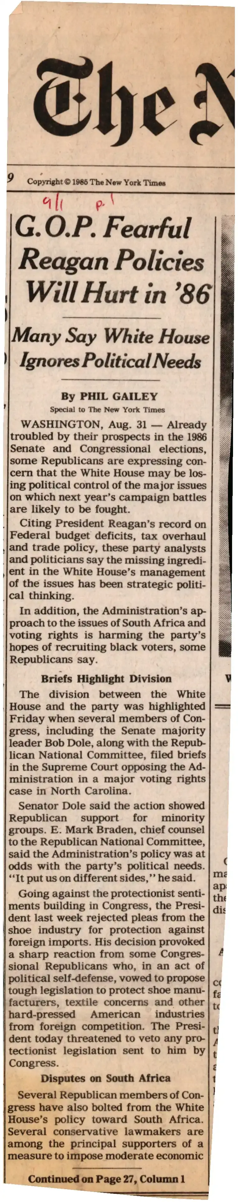 G.O.P. Fearful Reagan Policies Will Hurt in '86 (New York Times) preview