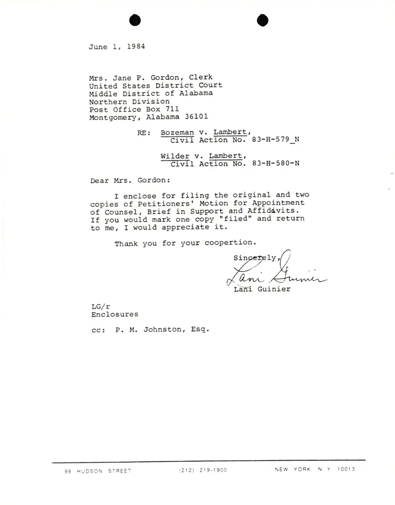 Letter from Lani Guinier to Mrs. Jane P. Gordon, Clerk RE: Bozeman/Wilder v. Lambert preview