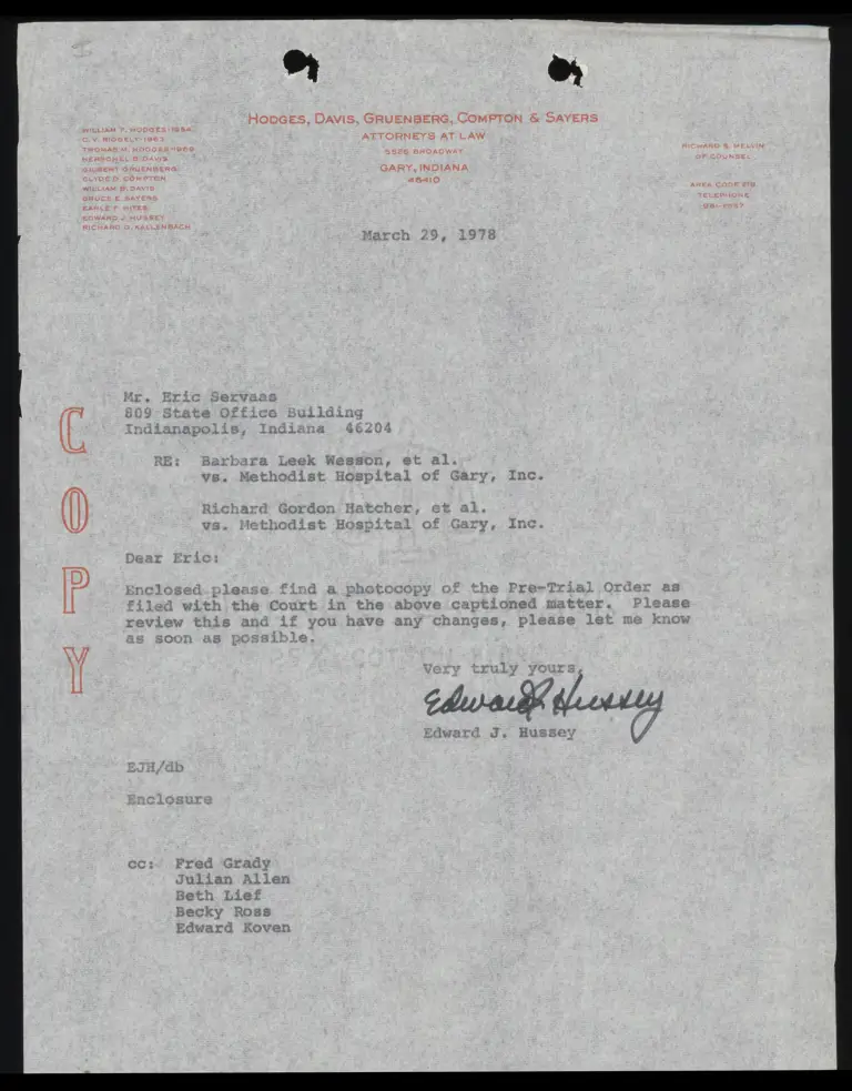 Correspondence from Hussey to Servaas Re: Pre-Trial Order preview