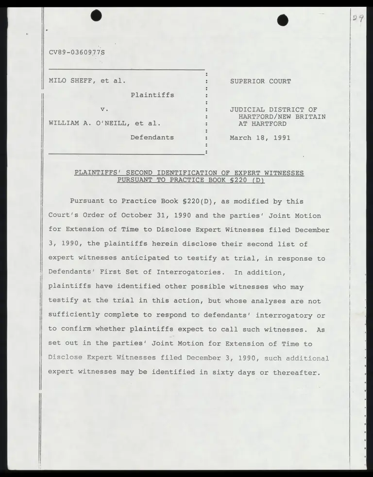 Plaintiffs' Second Identification of Expert Witnesses Pursuant to Practice Book 220 (D) preview