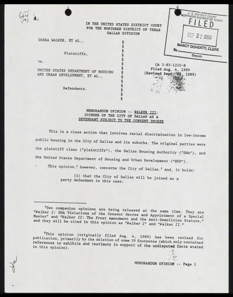 Memorandum Opinion - Walker III: Joinder of Dallas as a Defendant Subject to the Consent Decree preview