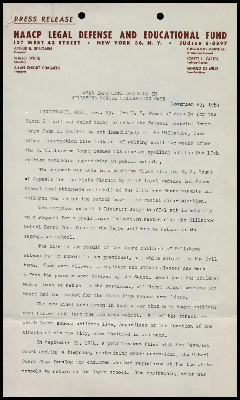 Asks Immediate Decision in Hillsboro School Segregation Case preview