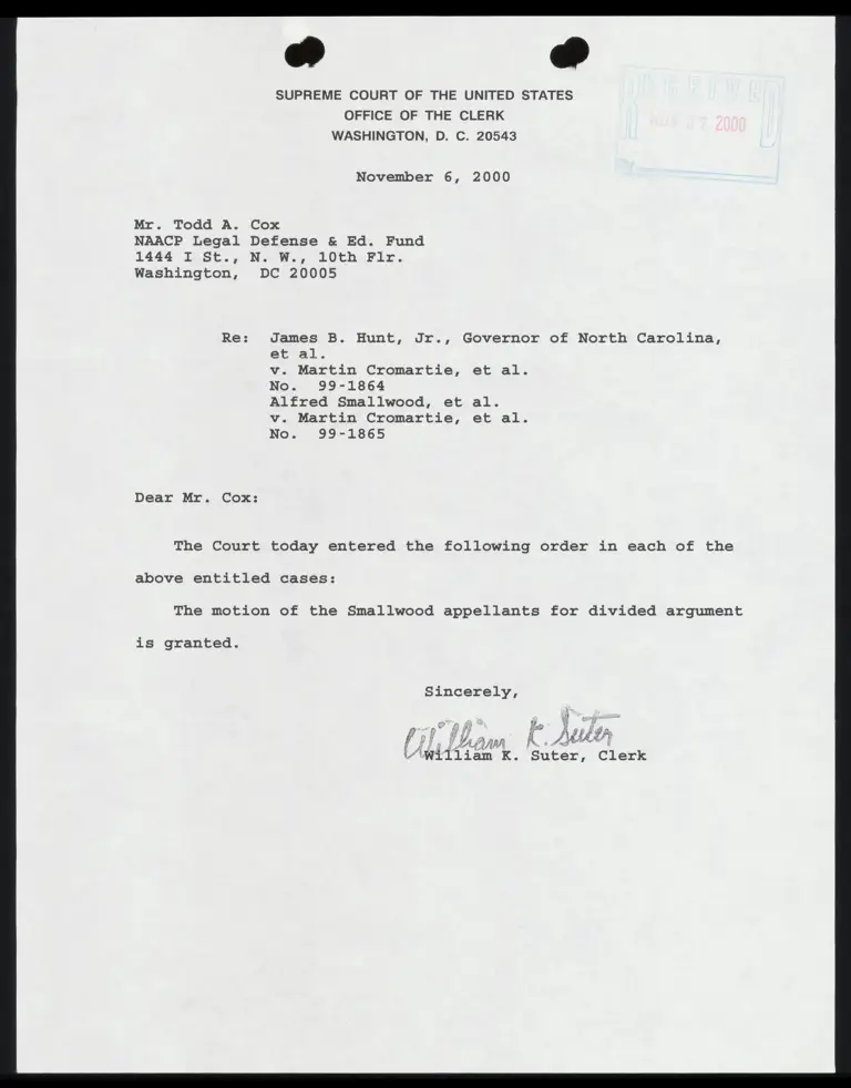 Correspondence from Clerk to Cox Re: Motion for Divided Argument preview