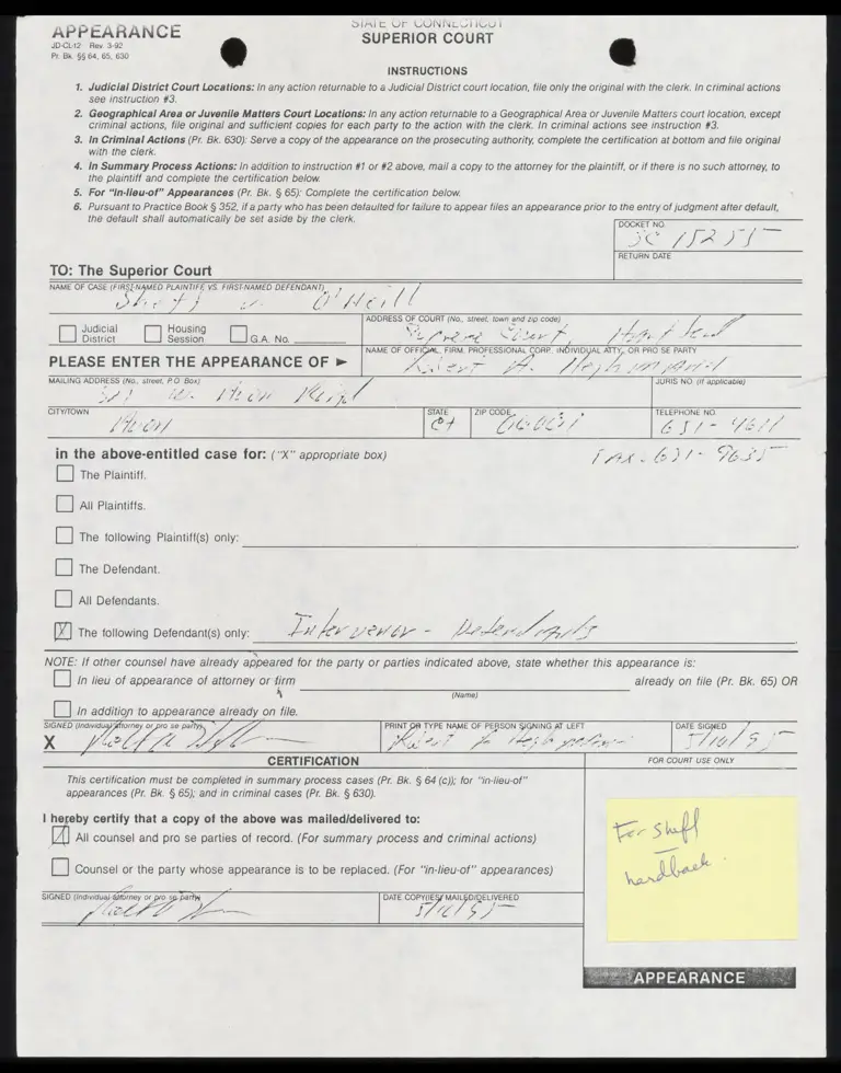 Superior Court of Connecticut Appearance Form preview