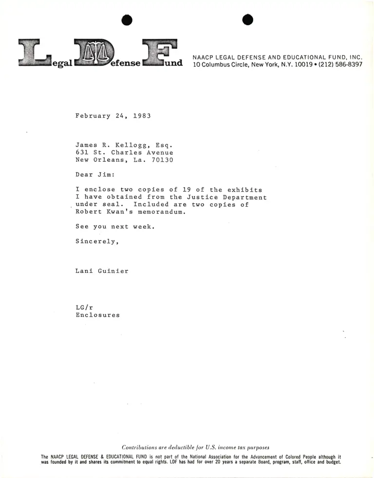 Correspondence from Lani Guinier to James R. Kellogg, Esq. Re: Robert Kwan Memorandum preview