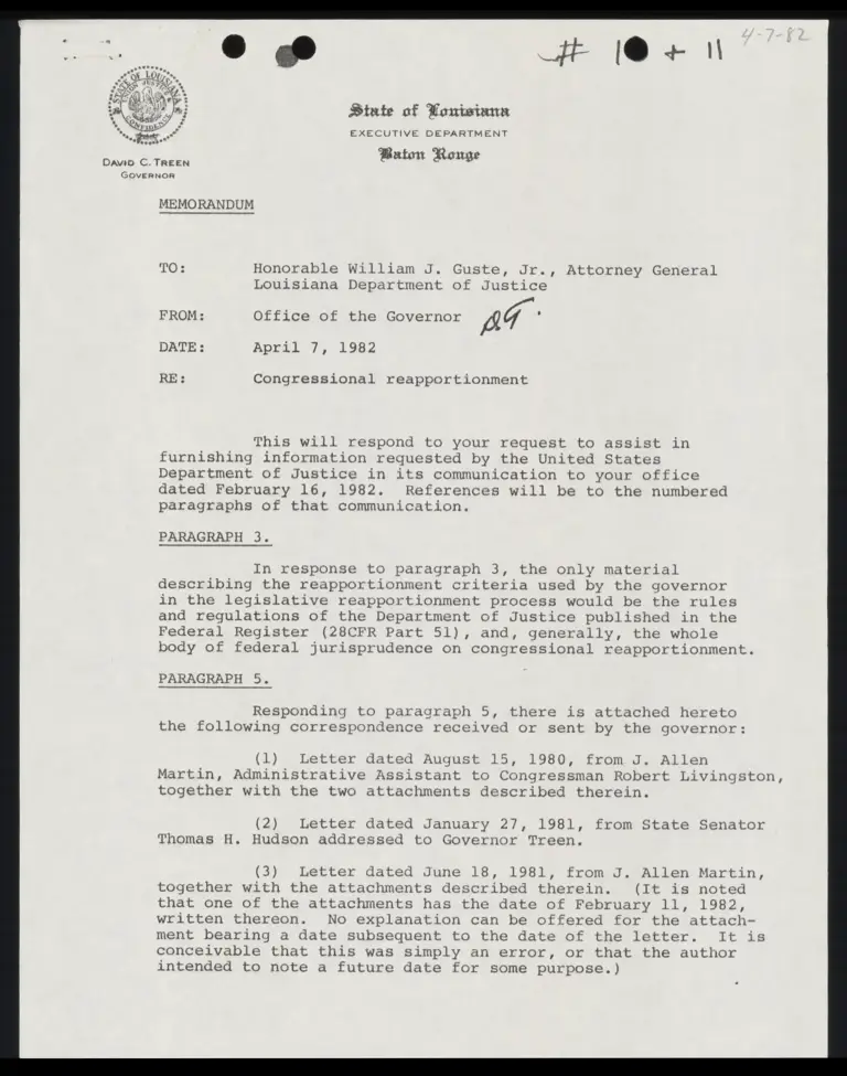 Memo to Hon William Guste from David Treen preview