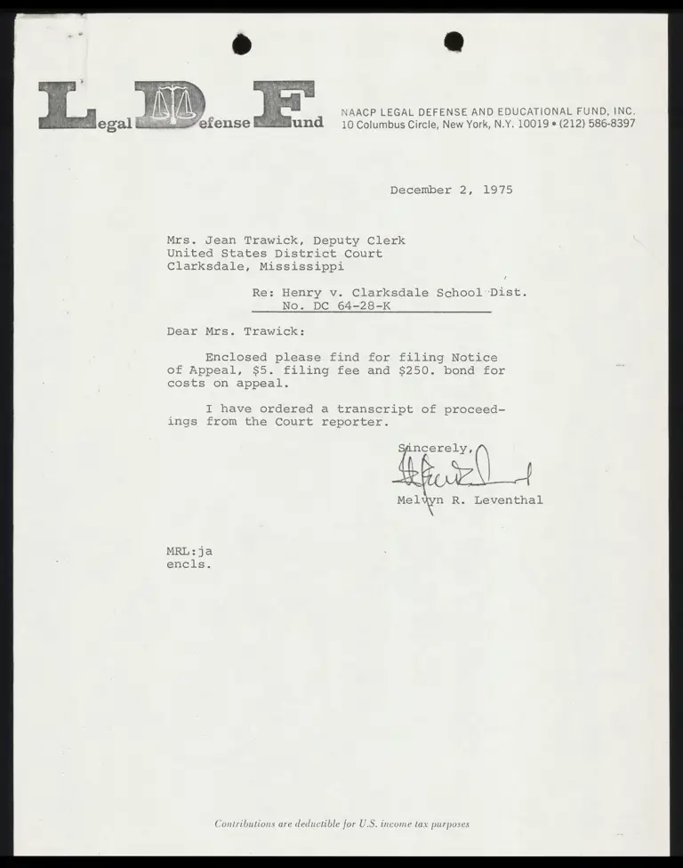 Correspondence from Leventhal to Clerk; Notice of Appeal preview