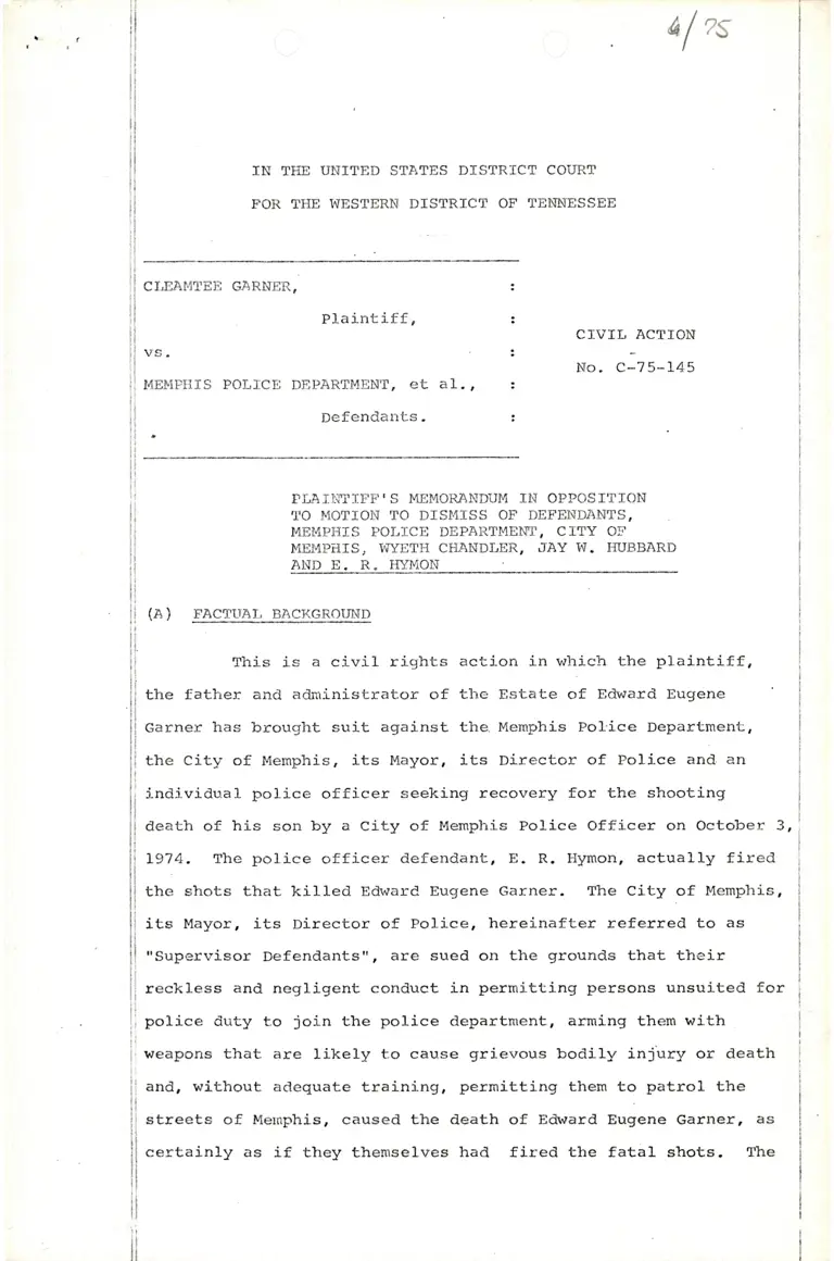Plaintiff's Memorandum in Opposition to Motion to Dismiss of Defendants preview