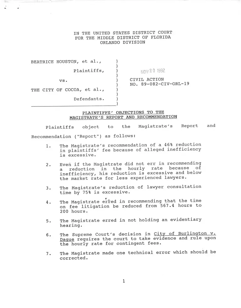 Houston v. City of Cocoa Plaintiffs' Objections to the Magistrate's Report and Recommendation preview