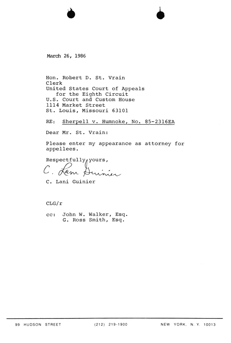 Correspondence from Lani Guinier to Robert D. St. Vrain (Clerk) Re: Sherpell v. Humnoke School District preview