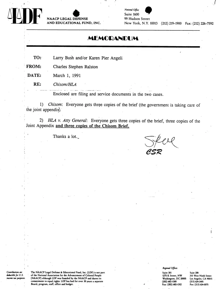 Memo from Charles Ralston to Larry Bush and/or Karen Pier Angeli RE Chisom and HLA preview