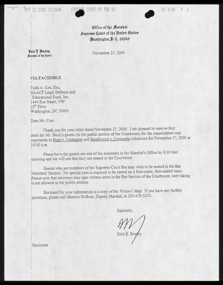 Correspondence from Court Marshal to Cox Re: Court Seating preview